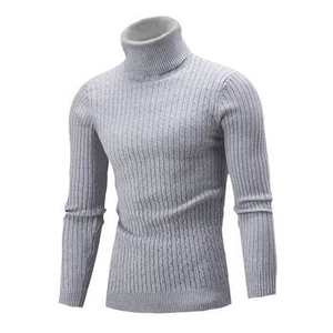 <b>Light</b> <b>Grey</b> Ribbed Turtleneck Sweater Slim Fit Warm Winter Pullover Stylish Comfortable Casual Knitwear Soft Mens Fashion Outfit - Product Image 1