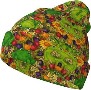 Chapeau en tricot unisexe élégant à imprimé grenouille, bonnet chaud d'hiver à revers sans bord, noir pour hommes et femmes - pour les voyages - Product Image 1