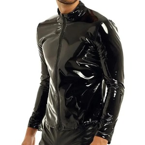 Men's Shiny Black Faux Latex Leather Top Coat with <b>Stand</b>-Up Collar Long Sleeve Canvas Jacket Glossy PVC Tight Fit - Product Image 3