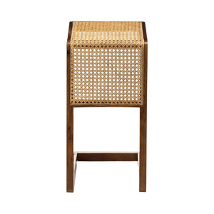 Table d'appoint moderne pour salon en teck massif avec plateau en rotin tressé, finition brun clair - Product Image 3