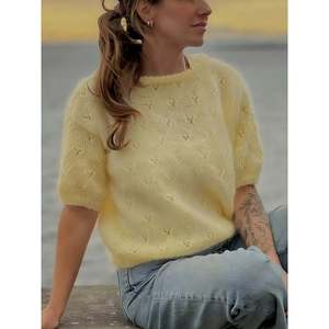 Women's Breathable 100% Acrylic Open-Knit Crew Neck Puff Sleeve Sweater with <b>Bow</b> and Button Details - Product Image 4