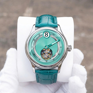 นาฬิกาอัตโนมัติ Flying Tourbillon หน้าปัดสีฟ้าอมเขียว ระบบ Jumping Hour ตัวเรือนสแตนเลส กระจกแซฟไฟร์ กลไกจักรกล  รับผลิตแบบ OEM ODM พร้อมสลักโลโก้ - Product Image 3