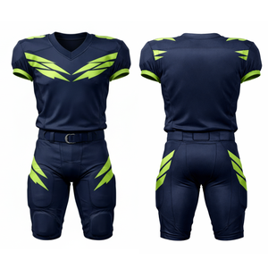 Ensemble d'uniformes de football américain professionnel bleu marine et néon, maillot de performance personnalisé avec graphisme d'ailes sublimé et pantalon rembourré - Product Image 3