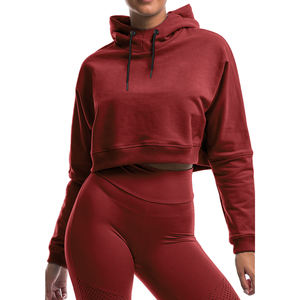 Top corto de manga larga cómodo con estampado de logotipo personalizado para mujer, sudaderas con capucha cortas para correr de algodón para gimnasio y Mujer - Product Image 1