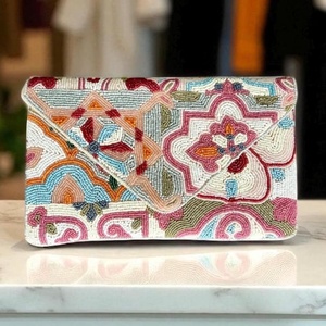 MS Handicraft Tropical Floral <b>Glass</b> Beaded Clutch Customized Shape & Color Mexican Fiesta Purse with Crossbody <b>Chain</b> - Product Image 2