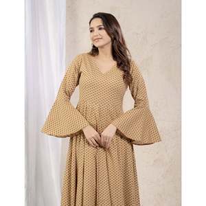 Beige Cotton Printed Long <b>Umbrella</b> <b>Dress</b> <b>Indian</b> & Pakistani Clothing - Product Image 1