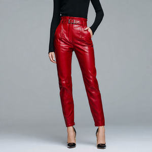 Fashionable Red Leather Pants Women <b>Winter</b> Outwear PU Leather <b>Trouser</b> Pant Ladies Sheep Skin Genuine Leather Pant Women's - Product Image 5