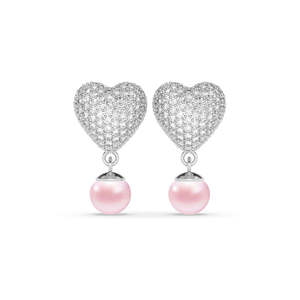 Boucles d'oreilles pendantes en forme de cœur en perles roses argentées, accessoire de bijouterie élégant et tendance - Product Image 1