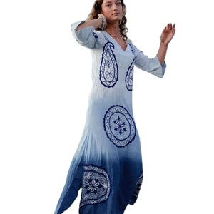 Recién llegado, Vestido largo de trabajo con tinte de corbata de verano para mujer, cuello en V bordado, mangas tres cuartos, ropa de resort de playa - Product Image 1