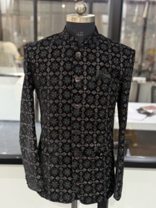 Sherwani brodé noir pour homme, coupe ajustée, tenue de mariage traditionnelle, style Inde Pakistan, longueur standard, adulte, séchage rapide - Product Image 2