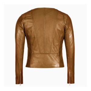 Chaqueta universitaria de moda con capucha extraíble transpirable para mujer Chaqueta de cuero de vaca marrón con cremalleras largas - Product Image 6