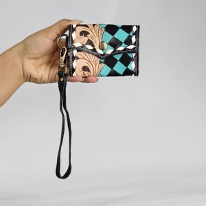 Fashion Genuine Leather <b>Card</b> <b>Holder</b> Teal White Checkered Embossing Button Closure Women Short Wristlet <b>Wallet</b> Geometric Pattern - Product Image 1