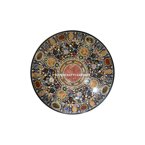 Dessus de table à manger de forme ronde en marbre noir avec une belle conception de fleurs incrustées produit fait main de haute qualité pour la décoration de la maison - Product Image 1