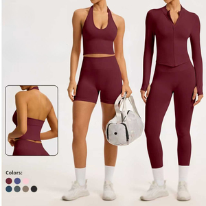 Conjuntos de ropa de entrenamiento de patrón sólido de etiqueta privada para mujer, pantalones cortos de gimnasio de alta elasticidad y camiseta de manga larga para Fitness, conjunto deportivo de Yoga - Product Image 1
