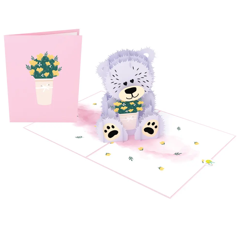تيدي والزهور الصغيرة 3D البوب أب بطاقة حار بيع الأكثر مبيعا ل عيد الأم الذكرى السنوية عيد الميلاد 3D بطاقة مصنوعة يدويا ورقة لاس