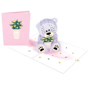 Cartão pop-up 3D de pelúcia e flores minúsculas, best-seller para o Dia das Mães, aniversário, aniversário, cartão 3D feito à mão em papel, lançamento em grande promoção