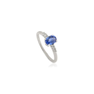 Impresionante Anillo Apilable Minimalista de Zafiro Azul Natural y Diamantes para Joyería Unisex de Uso Diario, Oro Blanco Sólido de 14K - Product Image 3
