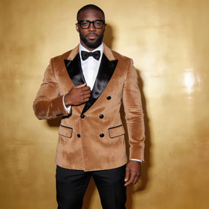 Blazer de smoking pour homme en velours camel à double boutonnage avec revers en satin noir |   Veste de cérémonie et de soirée - Product Image 1