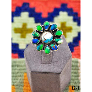 Southwest Handmade Turquoise Peacock Dahlia & Sterling Silver <b>Adjustable</b> <b>Ring</b> Rose Gold Plated Bezel Setting for Gift - Product Image 1