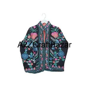 Veste en velours bohème à fleurs brodée à la main, veste imprimée pour femmes avec doublure en laine, vestes Suzani faites à la main - Product Image 3