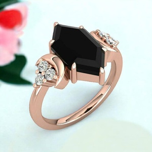 Vintage Black Onyx Hexagon Ring <b>Kite</b> Cut Moissanite Diamond for Wedding Engagement Anniversary or Party Gift - Product Image 5