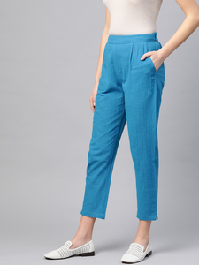 Soft Breathable Womens Blue Cotton Slub <b>Trouser</b> <b>Pants</b> Designed In Regular Fit For Comfortable Casual Office Travel Daily Wear - Product Image 3