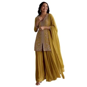 Vestito Palazzo Kurta ricamato Chinon giallo con abito festivo alla moda Dupatta per matrimoni e feste - Product Image 2