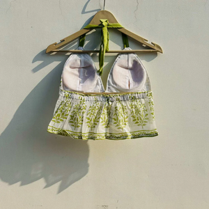 Light Green <b>Women's</b> Sleeveless <b>Top</b> Unique Design Knitted Butti Cotton Mul Removable Pad Halter Collar Short <b>Top</b> - Product Image 3