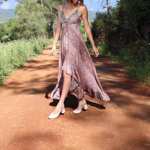 Adult Plus Size <b>A</b>-<b>Line</b> Powder Pink <b>Patterned</b> Polyester/Cotton Bohemian V-neck <b>Dress</b> Breathable Sustainable Short Tassel Front - Product Image 1