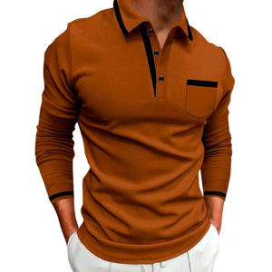 Elegante Camisa Polo Naranja de Manga Larga para Hombre con Bolsillo - Casual y Cómoda - Product Image 3