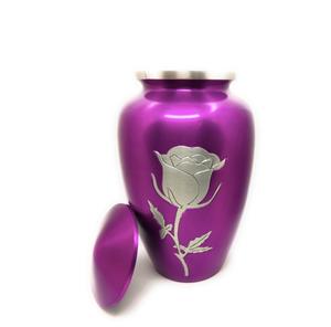 แก้วโกศสีม่วงขนาดใหญ่พร้อมสลักลายดอกกุหลาบเดี่ยว  ภาชนะสำหรับบรรจุอัฐิคน ทำจากอะลูมิเนียม สำหรับงานศพ - Product Image 1