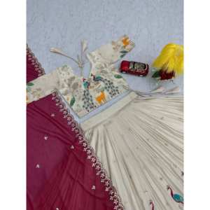 <b>Red</b> Peacock Print Tissue Silk Lehenga <b>Blouse</b> Choli Drawstring Heavy Tassels Stitched Canvas Can Can Georgette Dupatta Cotton - Product Image 3