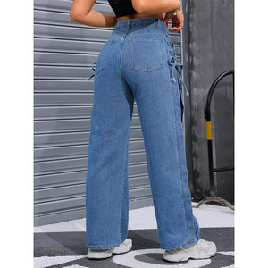 Pantalones Anchos de Cintura Alta Cómodos con Cordones, Color Sólido, Estilo Urbano, Jeans de Tela de Alta Calidad para Mujer - Product Image 3