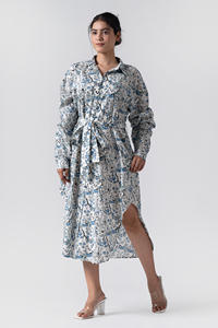 Vestido Floral ecológico de verano para mujer, azul abeto, bloque de mano, estampado plisado, técnica 100% algodón, cómodo, transpirable - Product Image 3