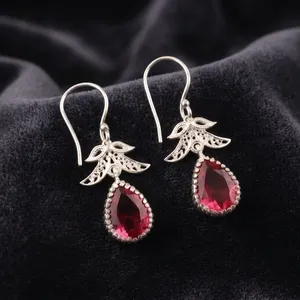 Women’s 925 Sterling Silver Bohemian Drop <b>Earrings</b> Geometric Pattern Pink <b>Tourmaline</b> Bezel Set Handmade Dangle <b>Earrings</b> - Product Image 2