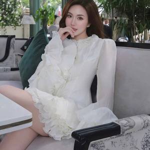 OEM Women <b>White</b> <b>Chiffon</b> Ruffle Long Sleeve Blouse Casual Loose Fit Top - Product Image 6