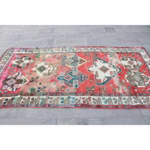 Vintage Area Rug 4.5x8.6 ft (137x261 cm), Turkish <b>Red</b> Animal Print <b>Wool</b> Rug - Product Image 4