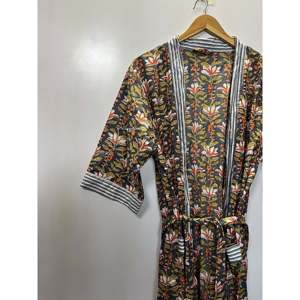 Robe Kimono en Coton Imprimée à la Main, Motif Floral Indien, Peignoir de Nuit, Robe de Bain Douce Tissée avec Cordon de Serrage pour l'Été, Taille Unique - Product Image 3