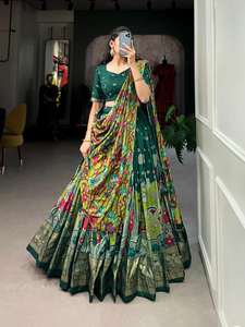Lehenga choli & dupatta ไหมทัสซาร์พิมพ์ลายกาลัมคาริพร้อมฟอยล์ทำงานส่งออกอินเดีย - Product Image 6