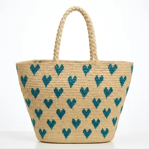 Sac à bandoulière bohème fait main en paille pour femme, motif cœur, fourre-tout tressé à double anse, ouverture supérieure, idéal printemps-été - Product Image 1