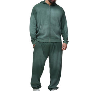 Survêtement vierge en coton épais 350 g/m² nouveau design personnalisé en vente en gros Ensembles sweat à capuche et pantalon de survêtement à fermeture éclair délavés à l'acide pour hommes avec OEM - Product Image 1