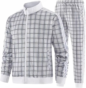 Conjuntos de chándales de entrenamiento para hombre de estilo impreso a cuadros completos con cremallera y logotipo personalizado, chándales para hombre con cuello levantado, ropa informal transpirable - Product Image 3