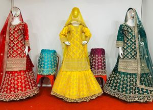 Stunning High Quality Bridal Lehenga Set with Long <b>Top</b> Heavy Work Jarkan Stones & Big Flair 15 Winter Wedding Colors Fancy Model - Product Image 3
