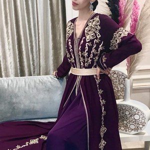 Elegant Moroccan Caftan Unique <b>Purple</b> Georgette & Silk Fabric Breathable Casual Muslim <b>Dress</b> - Product Image 6