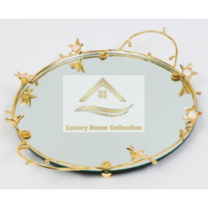 Miroir en verre et cadre en métal couleur or forme ronde vaisselle de table décorative et de service plateau de vente chaude de l'Inde - Product Image 6
