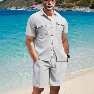Summer new 2025 casual men Waffle solid color double pocket <b>cardigan</b> <b>short</b>-<b>sleeved</b> daily shirt <b>shorts</b> set - Product Image 4