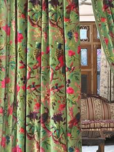 Handmade Olive Bird <b>Print</b> Cotton Velvet Curtains Luxury Custom Drape Cotton Velvet Vintage Style Cotton Luxury - Product Image 6