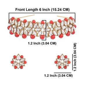 Indian Boho <b>Floral</b> Crystal Kundan Red Pearl Rhinestone Choker Necklace Earrings Wedding Bridal Jewelry Set - Product Image 4