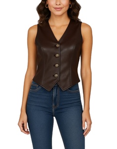 Women New Style Pure Leather V Neck vest Button on Front with Buckle on Back Slim Fit - Product Image 3