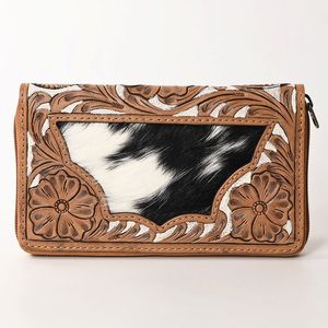 Vente chaude Unique Sculpté À La Main Western Aztèque Portefeuille En Peau De Vache Qualité Supérieure En Cuir Véritable Toile Doublure Cowboy Style Sacs À Main - Product Image 1